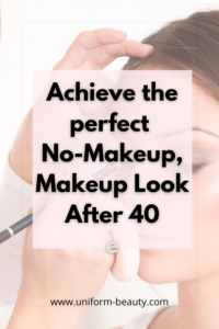 A woman over 40 with a fresh, natural glow, wearing a no-makeup, makeup look with lightweight, long-lasting makeup. Her radiant skin, soft blush, and defined brows highlight a simple makeup routine for moms on the go, perfect for busy days.