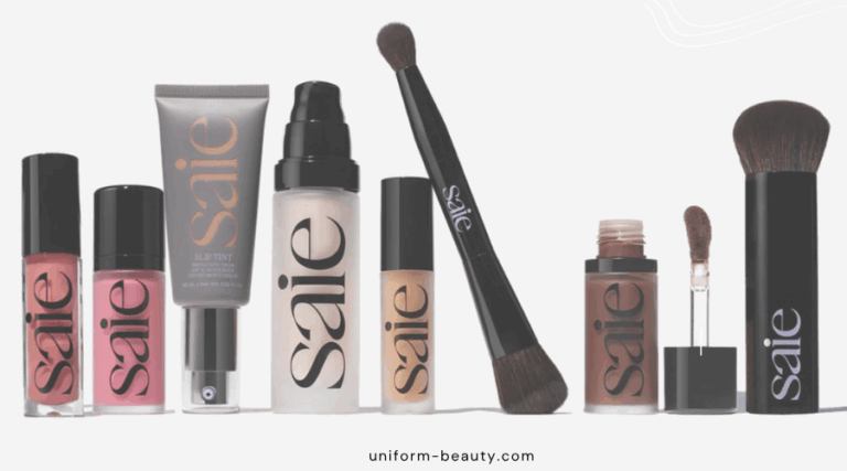 Saie Beauty Products neatly organized in the Saie Vanity Case with removable compartments, perfect for travel and everyday use.