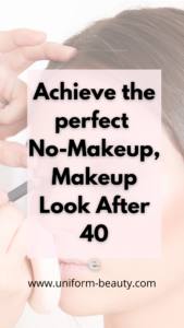 A woman over 40 with a fresh, natural glow, wearing a no-makeup, makeup look with lightweight, long-lasting makeup. Her radiant skin, soft blush, and defined brows highlight a simple makeup routine for moms on the go, perfect for busy days.